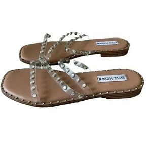 Steve Madden Skyler Clear Pearl Pyramid Studded Slip On Square Toe  Sandal SZ 8